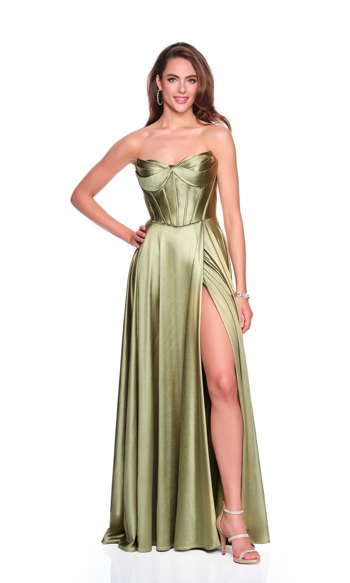 A woman models the Dave and Johnny 12717 Long Prom Dress—strapless, metallic green, with a high leg slit—against a white background.